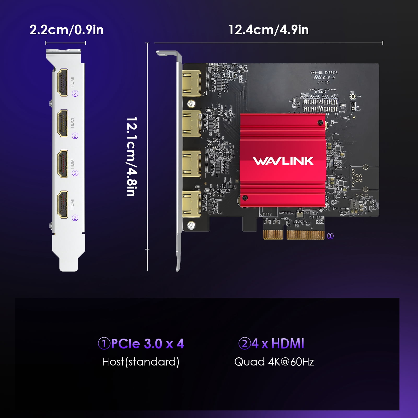 WAVLINK PCIe 3.0 to Quad 4K@60Hz HDMI Graphics Card - Global Debut with DisplayLink DL7400, 4 HDMI Ports, PC Video Card with Standard Profile, Supports Multiple Monitors for Windows 11/10 & Ubuntu