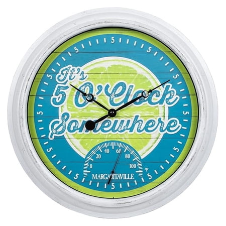 Margaritaville Clock 15.75 Inch - Indoor Outdoor Wall Clock with Thermometer - It's 5 O'Clock Somewhere - Beachy Coastal Decor - Weather Resistant