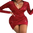 thumbnail image 4 of FNNMNNR Women Elegant Velvet Deep V Neck Dresses Long Sleeve Ruched Cocktail Wedding Party Clubwear Dark Red L, 4 of 7