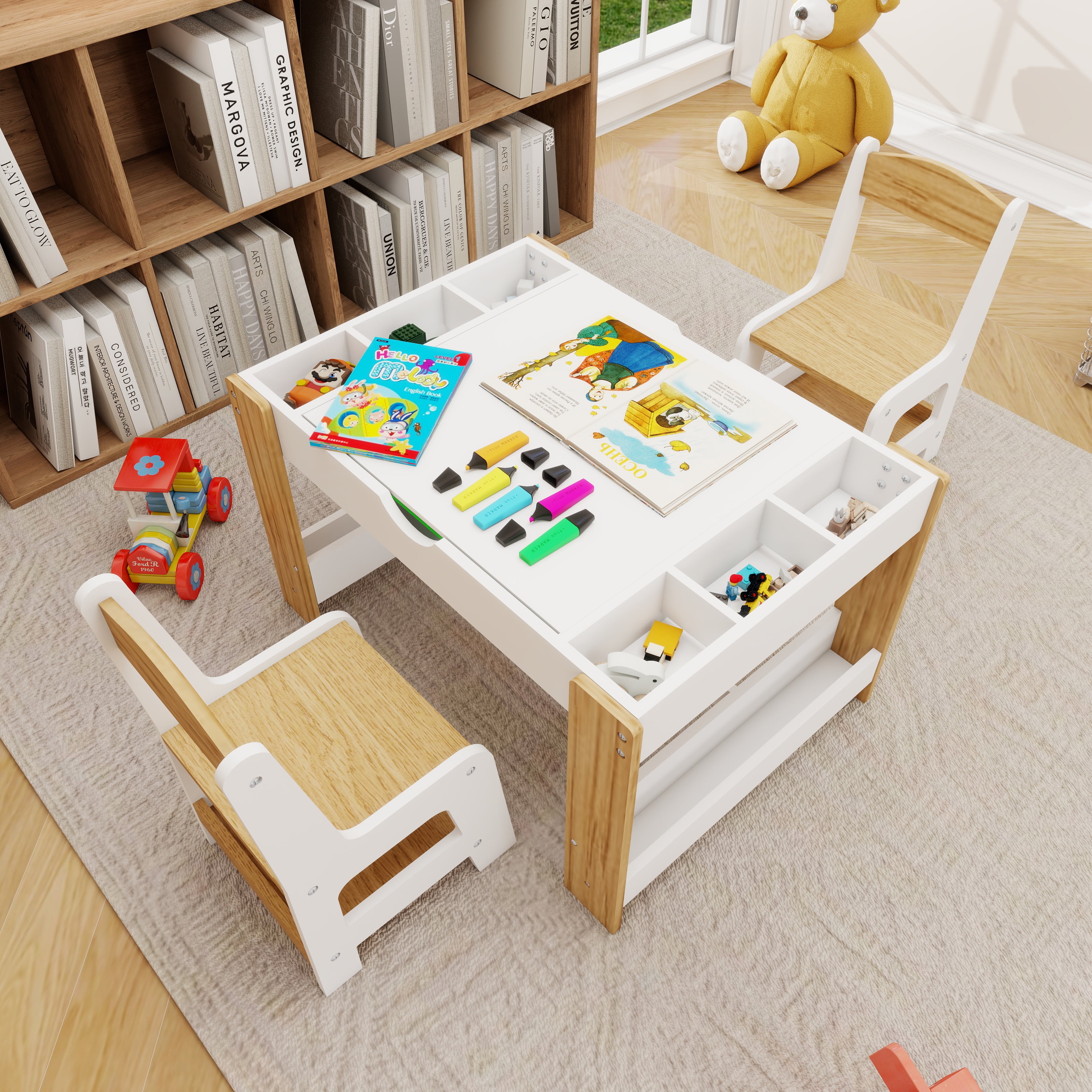 2 in 1 Play Table and 2 Chairs Set, Activity Learning Table with 7 Storage Compartments for Playroom, Kids Play Table Compatible with Building Blocks, White and Green