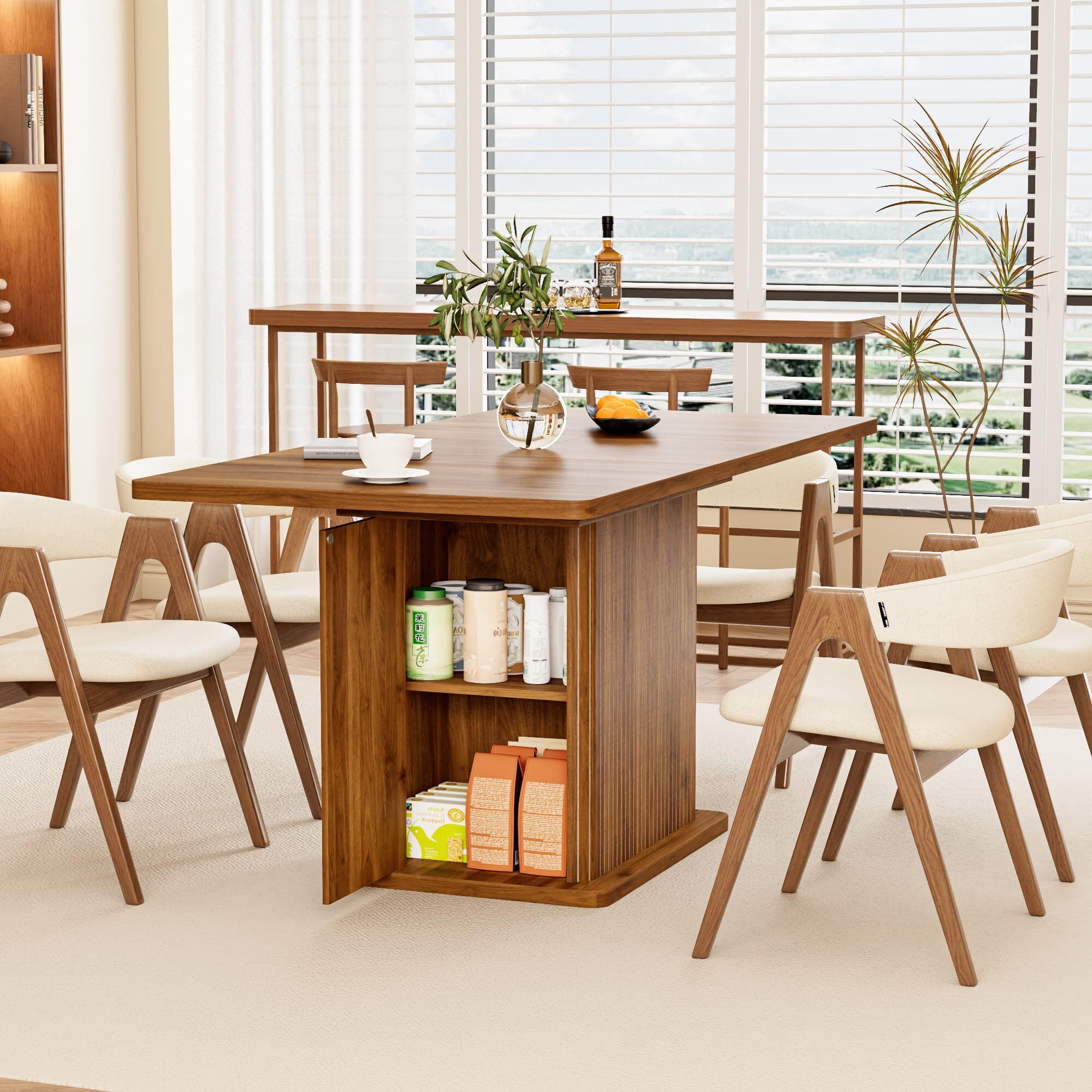 Extendable Black Dining Table 47-65", Seats 4-6, Fluted Wood Kitchen Table with Storage, Mid Century Modern, Walnut