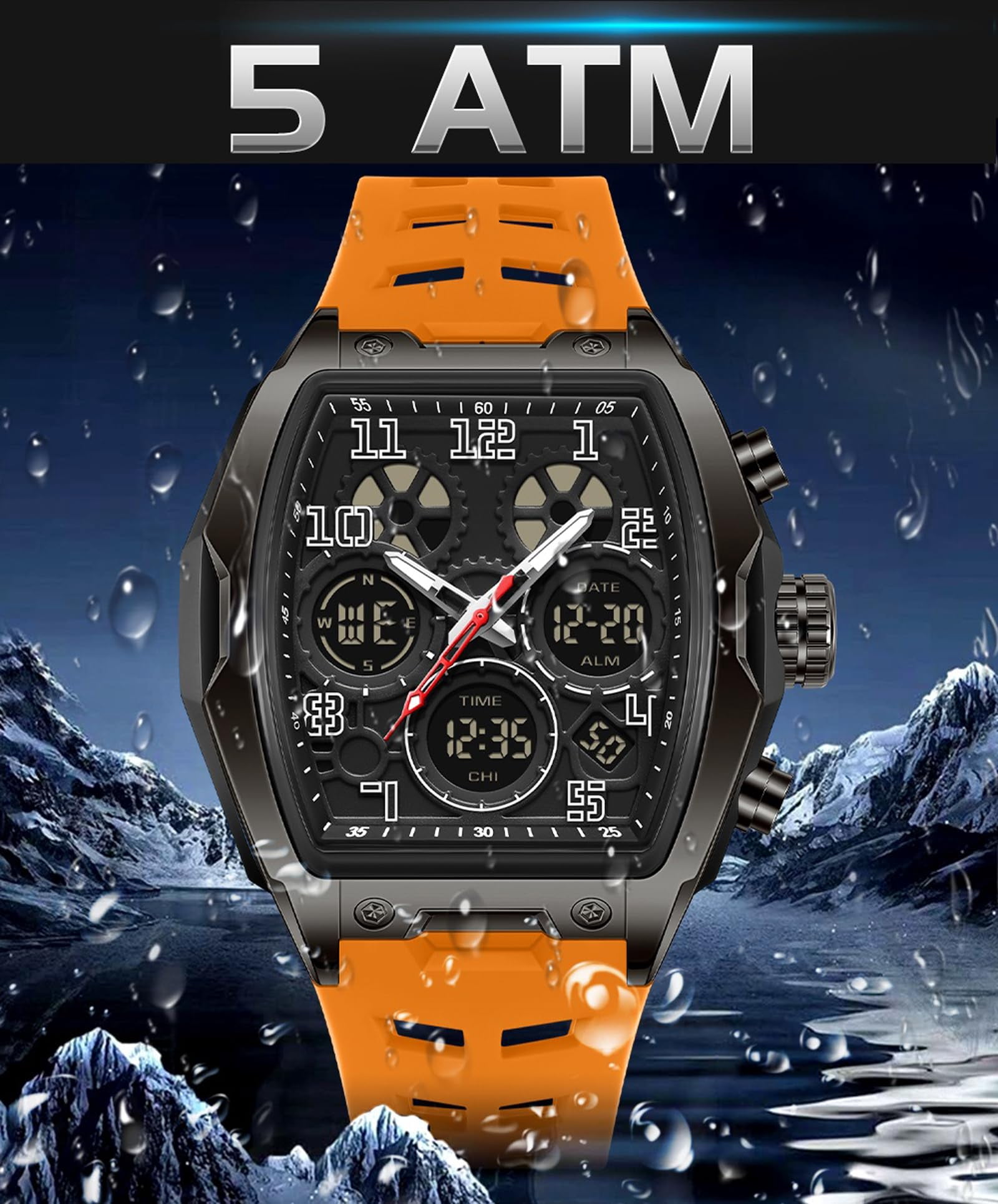 Findtime Mens Watches Square Rectangle Dial Watch for Men Waterproof White Relojes para Hombres Punk Cool Design Chronograph Luminous Silicon Strap