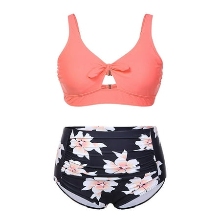 Pleats Two Piece Suit - Tankin Bathing Suit for Women Unique High Rise Pleated Plus Size Knotted Beachwear Ladies