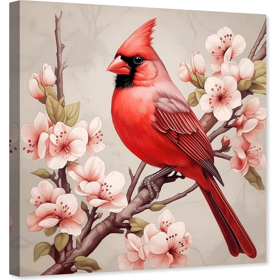 ZHONGYUTONG Red Birds Canvas Wall Art Cardinal on Tree Branch with Pink Flowers Painting Christmas Picture for Bedroom Decor Framed (12.00" x 12.00")