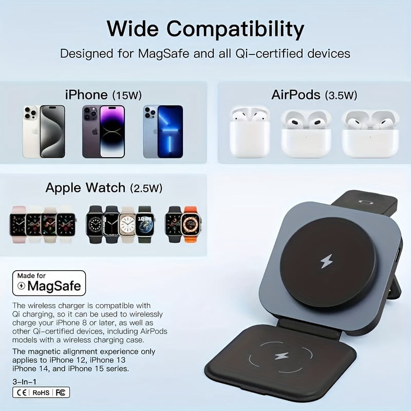 3-in-1 Foldable Charger for Apple Devices, Compatible with iPhone 17, 12, Watch Series 1, 9, and AirPods
