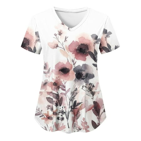 

Women Scrubs Top Working Uniform Nurses Clothing Workwear Casual Fashion V-Neck Flower Printed Simple Short Sleeve Pocket Work Clothes Top