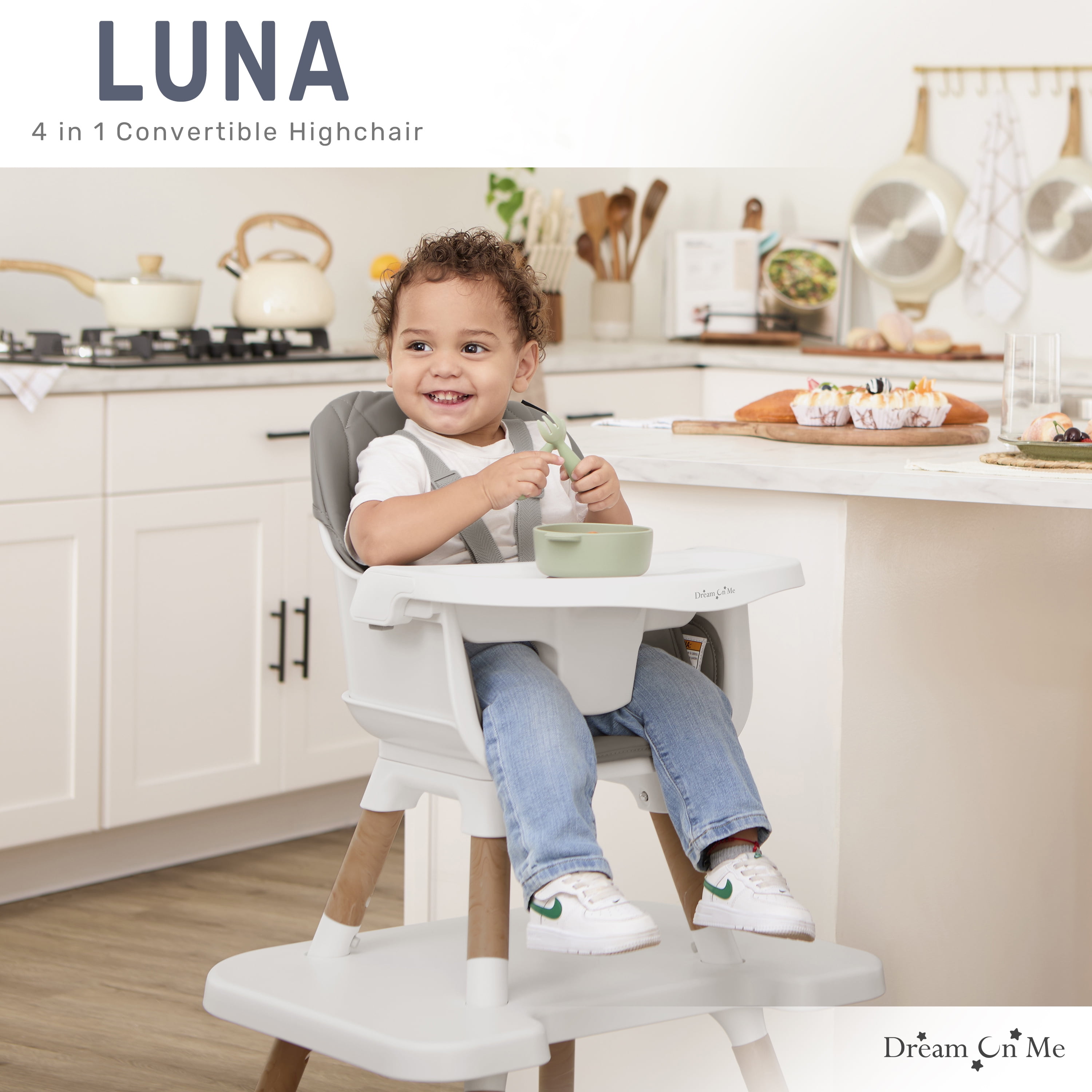 Dream On Me Luna 4-in-1 Convertible Baby High Chair in Cool Gray, Transforms into Booster, Toddler Seat & Table Set, Adjustable and Removable Tray Portable High Chair