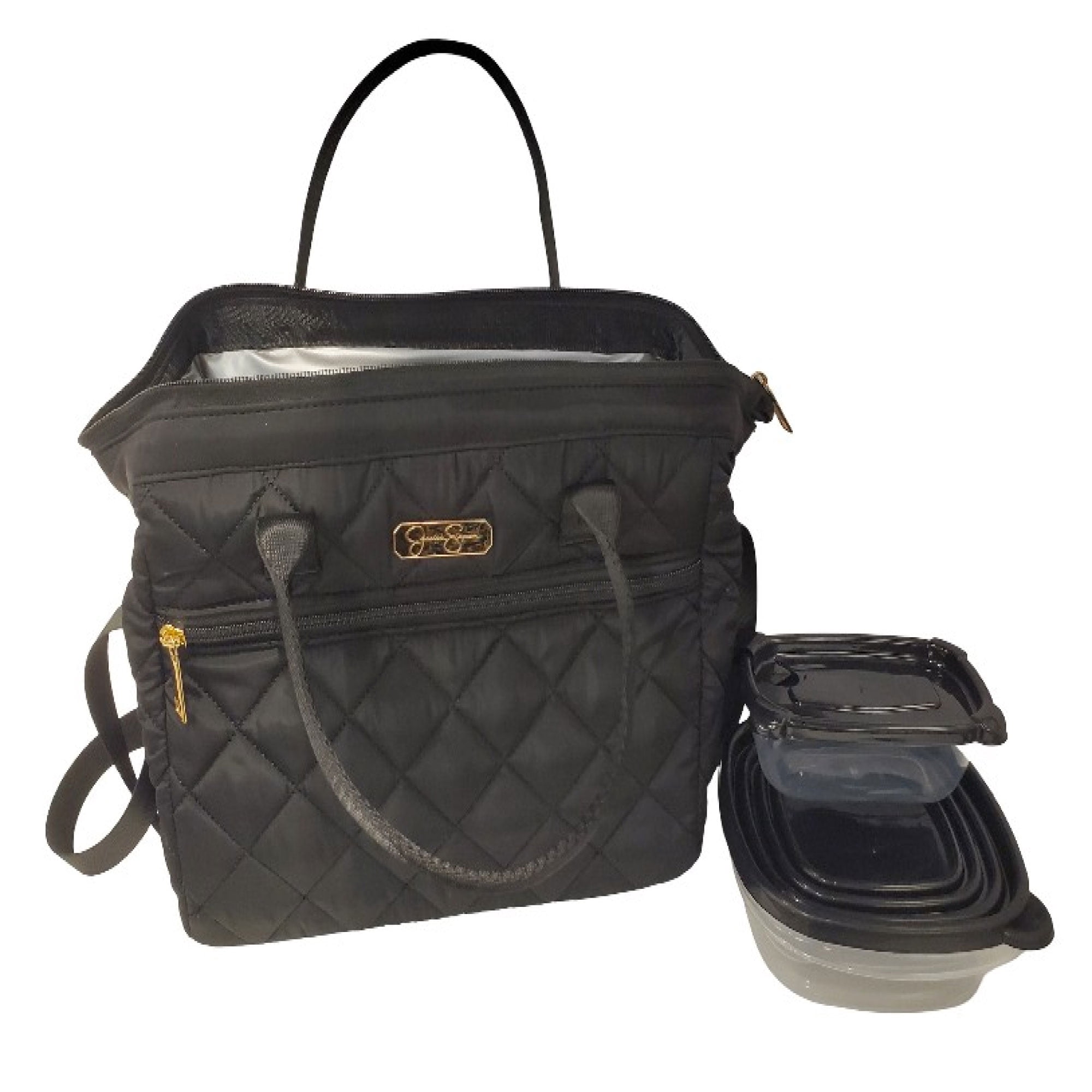 Jessica Simpson Women's Quilted Insulated Reusable Cooler Lunch Bag Crossbody Tote with 2 Food Containters for Work, Travel, Commute, Recreation, Beach and Picnic in Black