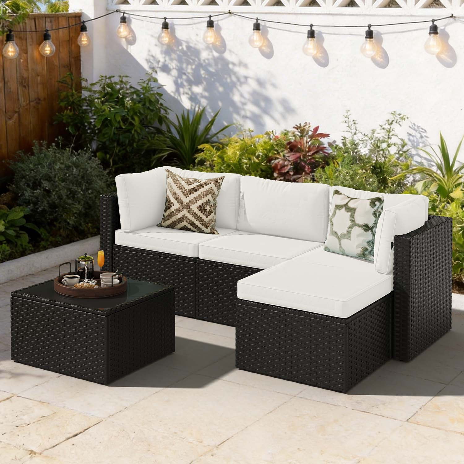 BaPiPro Modular Outdoor Wicker Patio Furniture Set with Tempered Glass Coffee Table & Removable All-Weather Cushions for Backyard, Poolside & Balcony Beige