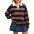 thumbnail image 2 of Women Long Sleeve Striped Polo Shirt Oversized Collar Y2k Pullover T Shirt Casual Loose Streetwear Rugby Sweatshirt，Coffee，2XL, 2 of 6