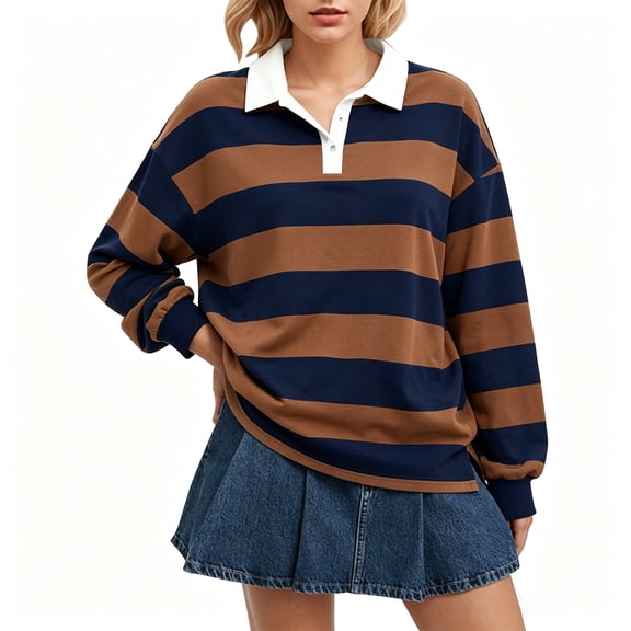 WULMLEO Women Long Sleeve Striped Polo Shirt Oversized Collar Y2k Pullover T Shirts Casual Loose Streetwear Rugby Sweatshirts Coffee XL