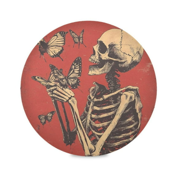 Round Plate Mat 15.4x15.4 Inchesx1 Placemat Table Mat Kitchen Mat Coffee Mat Fabric Thick, Strong Wear-Resistant, Heat Resistance Skeletons and Butterflies
