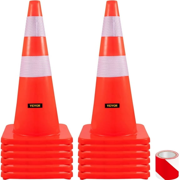 Safety Cones, 12 PCS 28 in/73 cm Orange PVC Traffic Cones with 2 Reflective Bands & Weighted Base for Road Safety, Parking, and School Zones