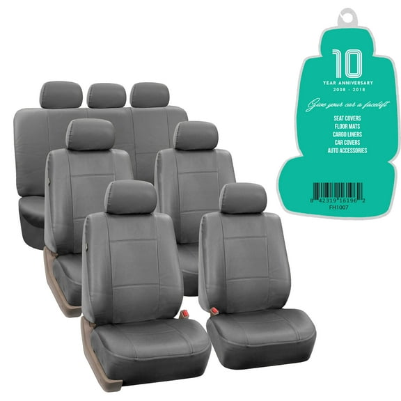 FH Group Faux Leather Split Bench Car 7 Seaters Car Van Seat Covers, Full Set w/ Free Air Freshener, Gray