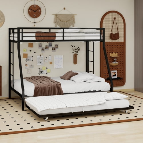 metel Twin/Full size Black three-layer high and low bed with pull-out sofa bed
