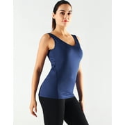 NELEUS Womens Workout Compression Tank Top with Built in Bra V Neck Sleeveless Shirts 3 Pack,Black+Gray+Navy Blue,US Size L
