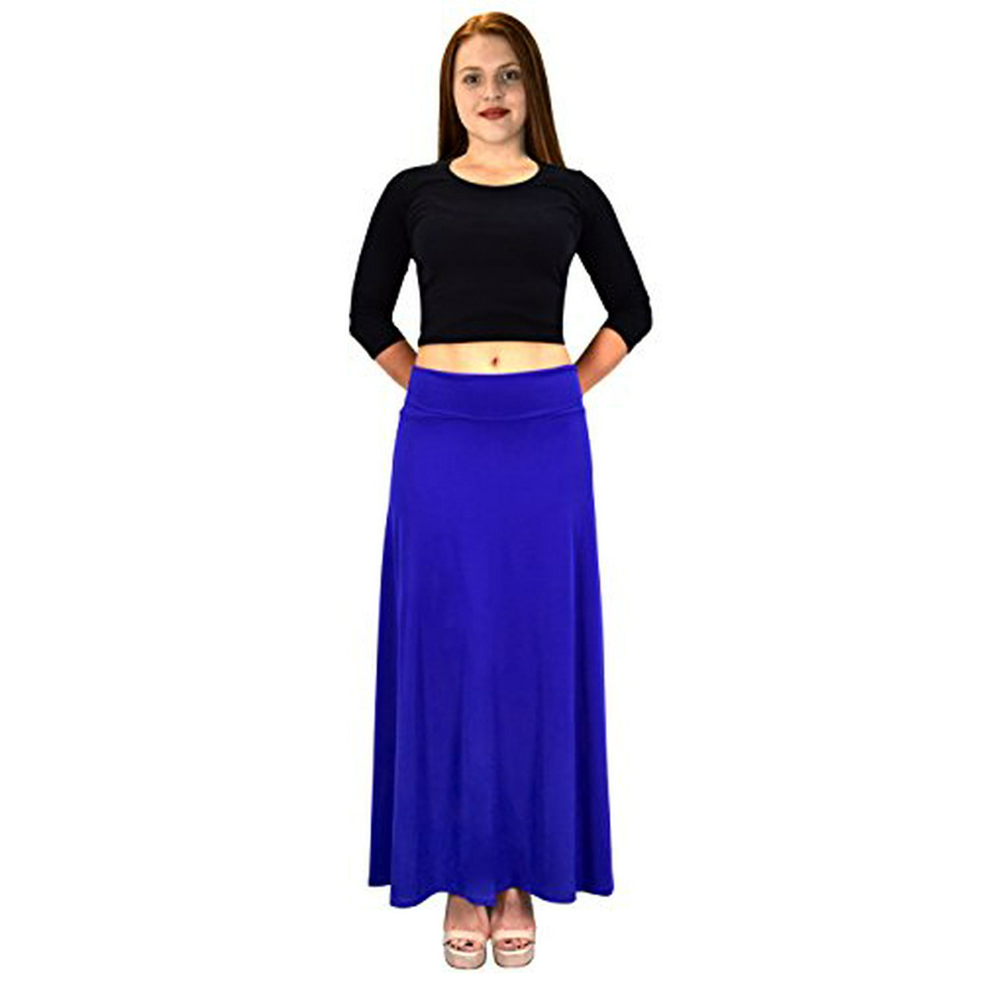 Peach Couture Womens Summer Printed Variety Fold Over Long Jersey Maxi Skirt Large Solid Royal Blue Other