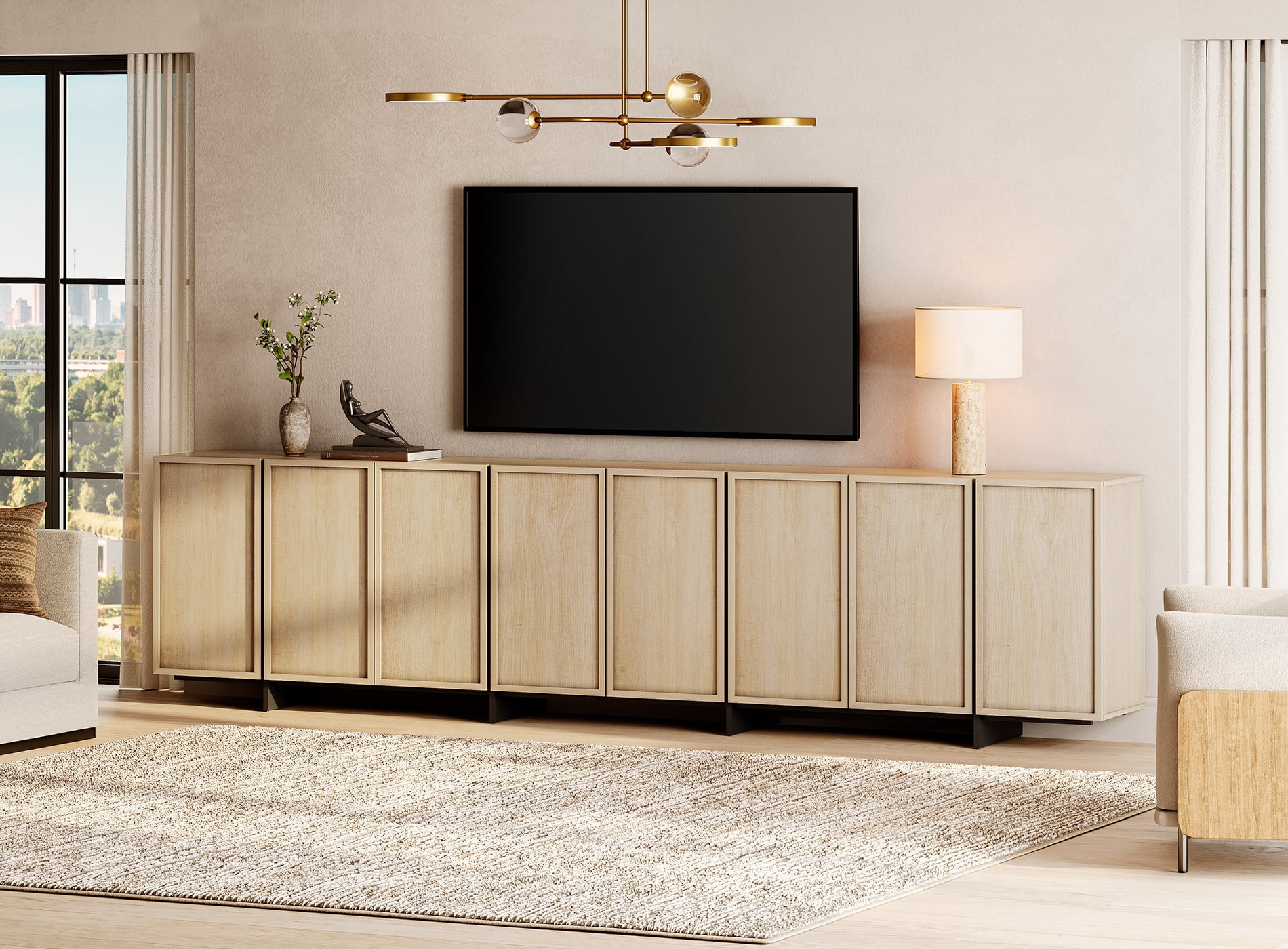 WAMPAT Modern TV Stand - Entertainment Center Console for 110" TVs, with 8 Closed Storage Doors & T-Shaped Wood Legs, Media Cabinet for Living Room & Bedroom，Beige
