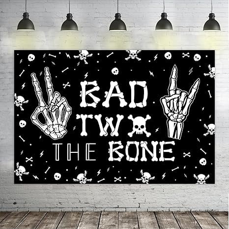 Bad Two The Bone Backdrop Banner, Skeleton Theme 2nd Birthday Decorations for Boys Girls Music Rock and Roll Birthday Party Photography Background