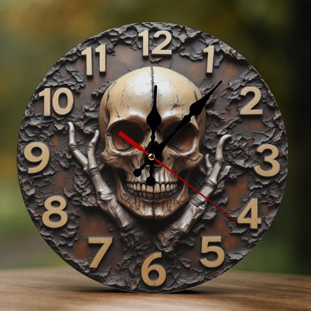 Wall Clock Decorative - Gothic Skeleton Pattern Print 2D Vintage Wall Clocks Battery Operated Silent Non-Ticking for Bedroom, Living Room, Kitchen, Office, Classroom, 10 Inch