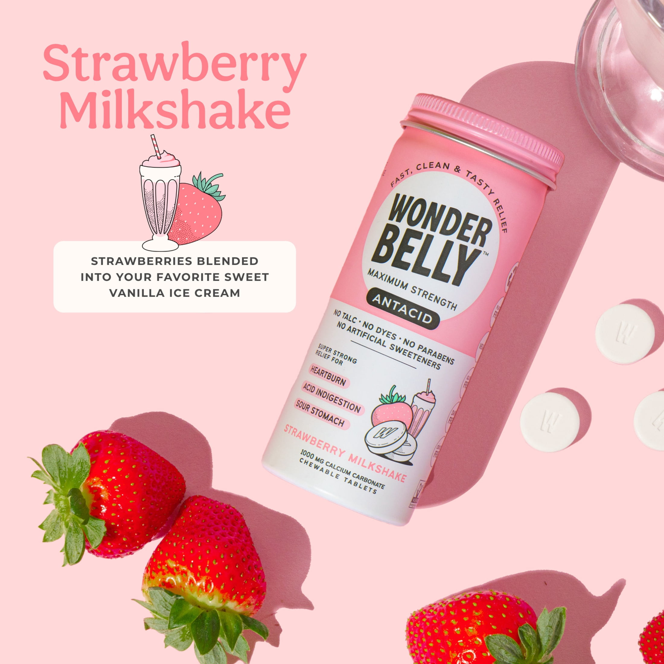 Wonderbelly Antacid Tablets for Heartburn Relief, Strawberry Milkshake Flavor, 60 Chewable Tablets