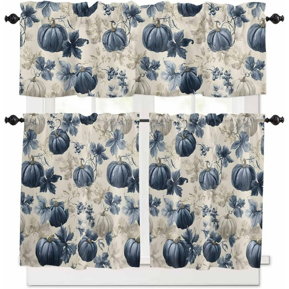 Navy Blue White Pumpkins Kitchen Curtains Set, Thanksgiving Tier Curtain 36 Inches Length, Fall Leaves Botanical Valance and Tiers Set Window Treatment Decor for Bedroom/Living Room