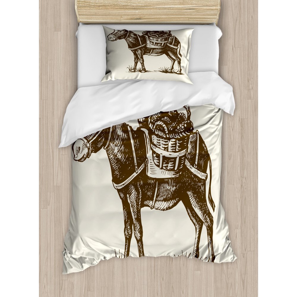Donkey Duvet Cover Set Twin Size, Vintage Engraving Style Donkey