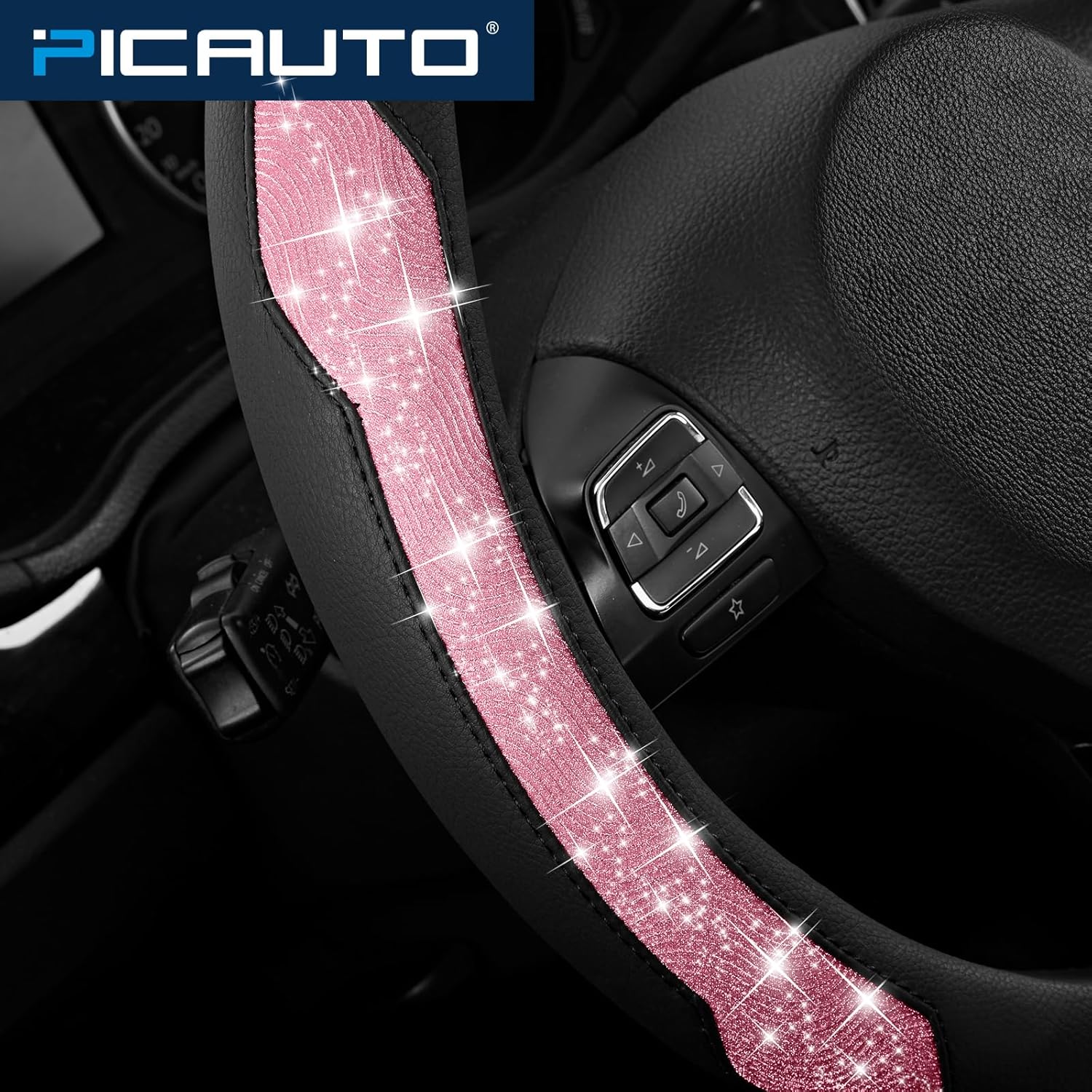 Steering Wheel Cover, Hot Pink Sparkly Crystal Bling Glitter with Leather, Universal Fit 14.5"-15.5" Car Steering Wheels for Girls & Women, Anti-Slip Wheels Cover for Cars, Trucks, Van, SUVs