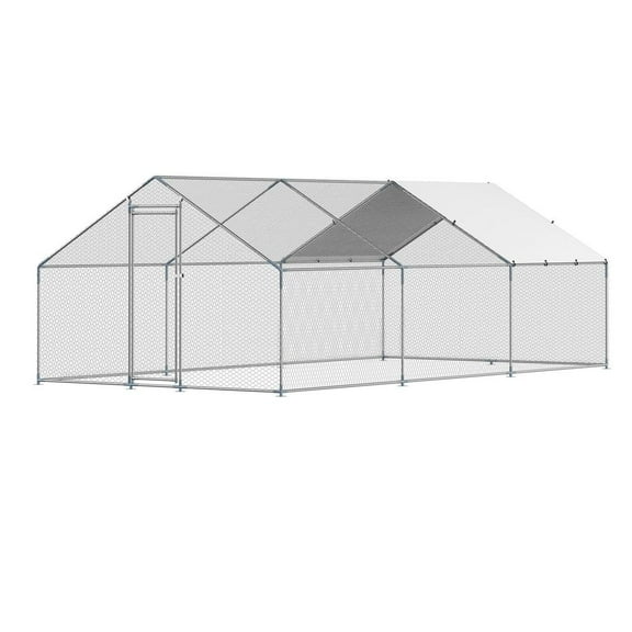 Sturdy Metal Chicken Coop 9.8x19.6x6.5 ft Walk-in Poultry Run with Spire Roof Cover, Easy Access