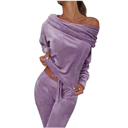 

Womens Loungewear 2 Piece Sets Long Sleeve Off Shoulder Pullover Loose Long Pants Velvet Suits Pajamas Sets Homewear