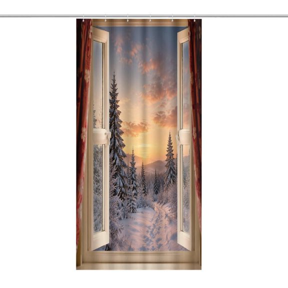 RKSupls Waterproof Shower Curtain, Winter Pine Forest Window View Polyester Shower Curtain with Hooks for Chic Elegant Home Bathtub Bathroom Decor Washable