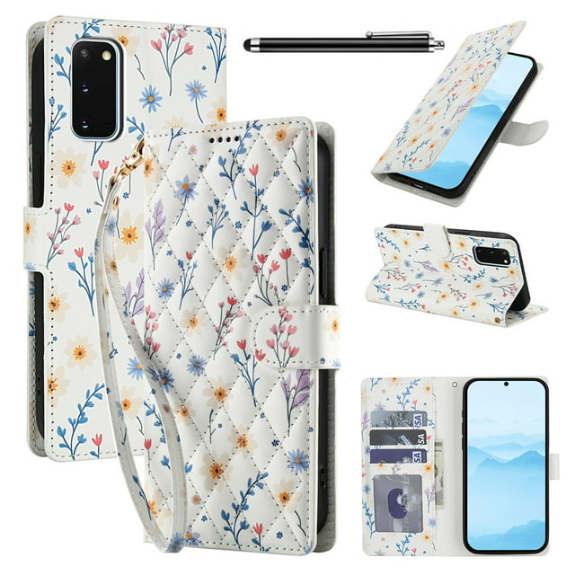 Wallet Case for Samsung Galaxy S20FE , PU Leather Phone Cover Kickstand RFID Blocking Flip Case Card Slots Wrist Strap Relief Engraved Pattern Magnetic With Stylus Pen, Blue Purple Flower