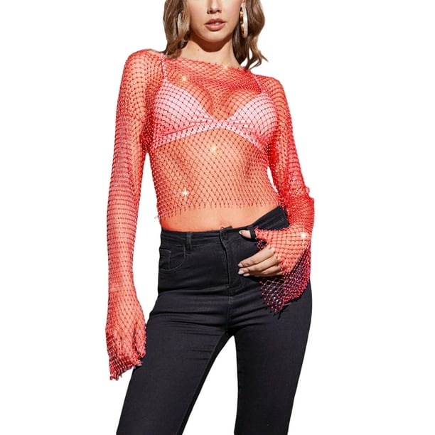 VISgogo Blusa Femenina, Tops de Malla Transparente de Manga Larga con Cuello Redondo y Diamantes de Imitación de Color Sólido para Adultos, XS/S/M/L VISgogo moda