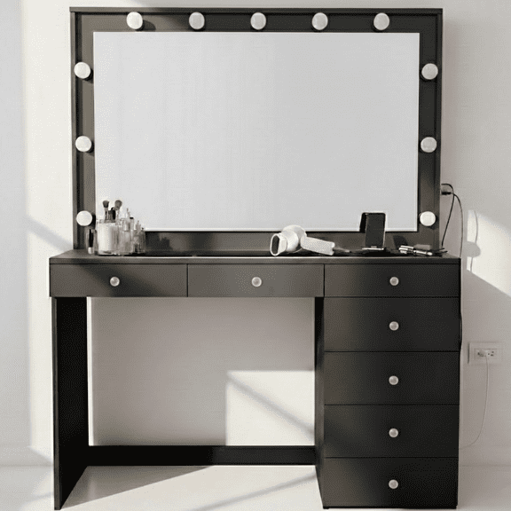 Ember Interiors Melody Black Makeup Vanity Desk with Lights, Charging Station