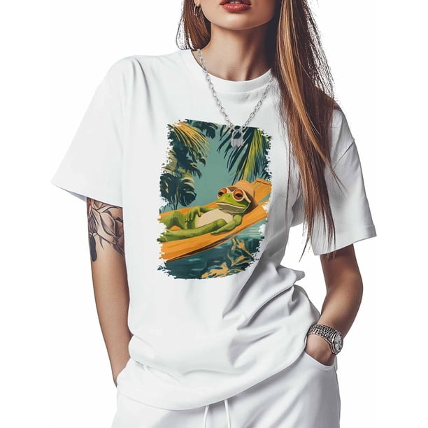 Womens Tops Lying Frog Holiday Cotton Short Sleeve Round Neck T-Shirt Trendy Comfortable, Tropical Tree Leaf