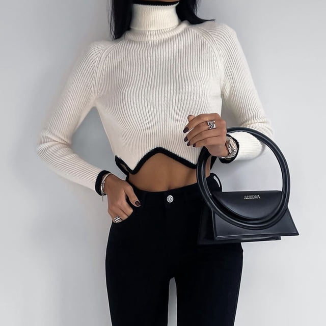 Suéter corto de cuello alto con dobladillo irregular para mujer, camisa corta de cuello alto para mujer, manga larga, tejido acanalado, otoño e invierno