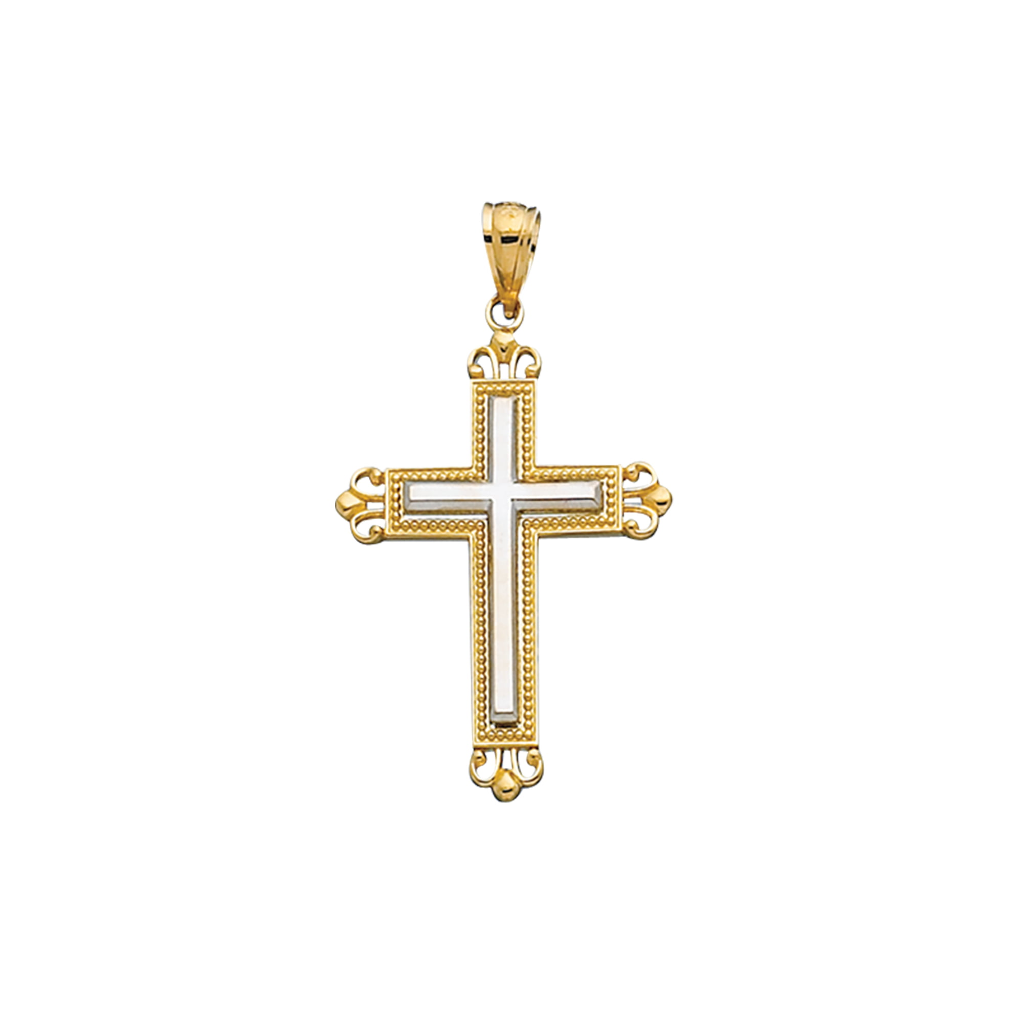 14K Yellow Gold Textured Religious Cross with Filigree Pendant Necklace 