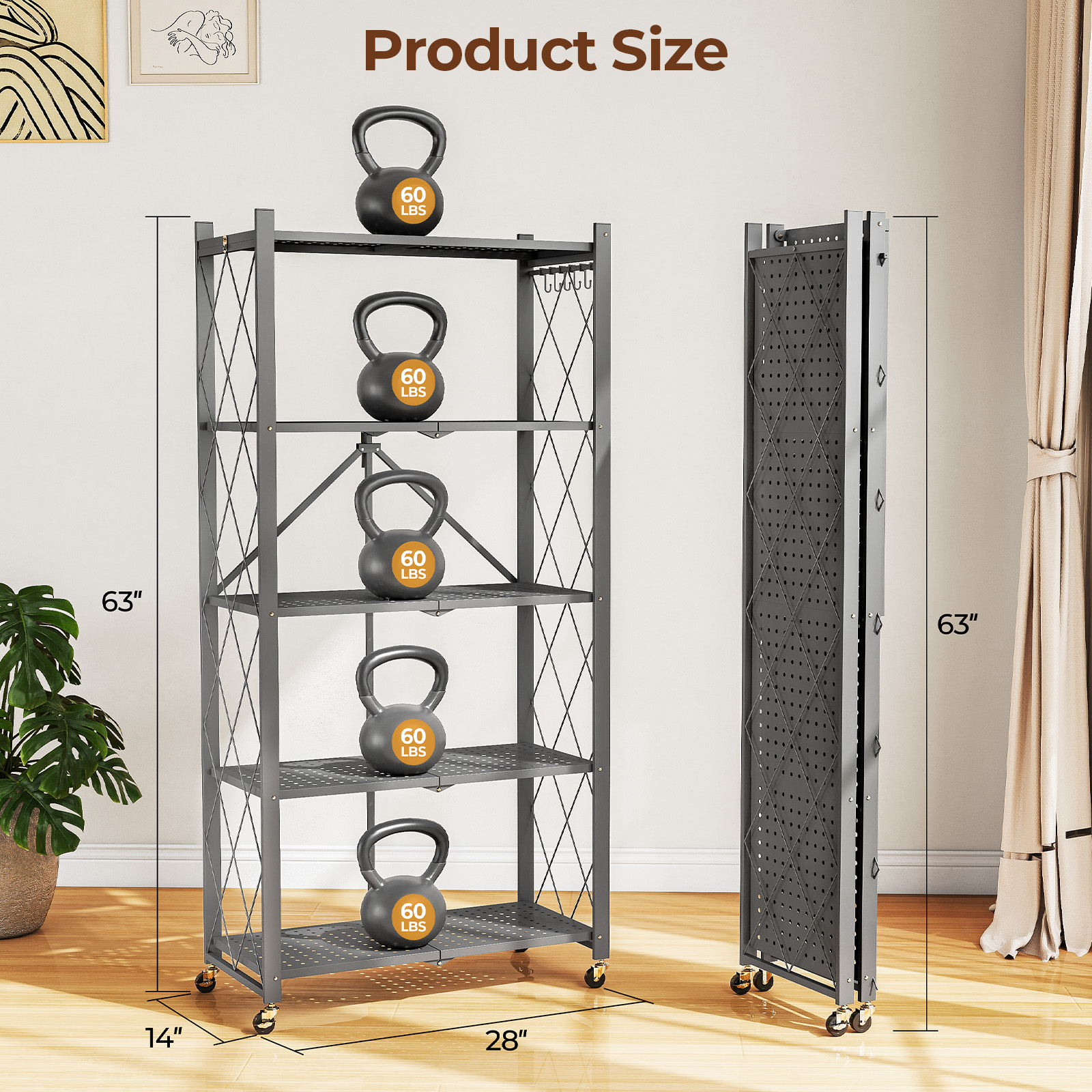 Vebreda 5-Tier Foldable Metal Storage Shelf with Wheels, No-Assembly Collapsible Shelving Unit, Heavy-Duty Rolling Organizer Rack for Kitchen, Garage, Pantry, and Office