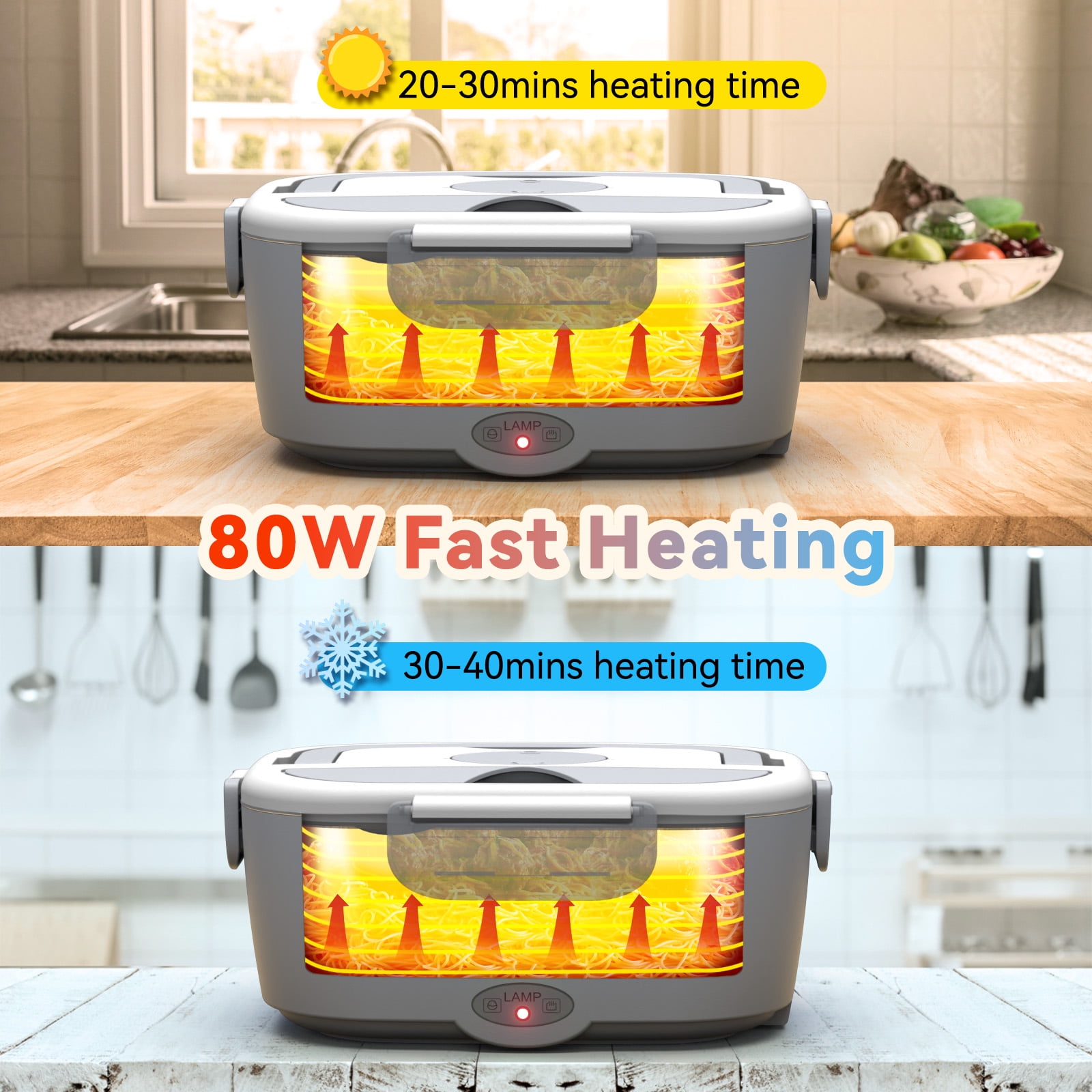 Sitlais Electric Lunch Box Food Heater for Work - 12V/24V/110-220V Food Warmer for Car Truck Outdoor with 2 Packs Stainless Steel Containers Potable Heating lunch Box for Adults Camping(grey)