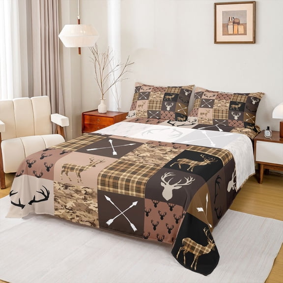 jejeloiu Safari Animal Deer Twin Sheet Sets,Rustic Farmhouse Cabin Twin Fitted Sheet,Brown Geometric Checkered Flat Sheet For Boys Teens,Luxury Bedroom Decor,3-Piece