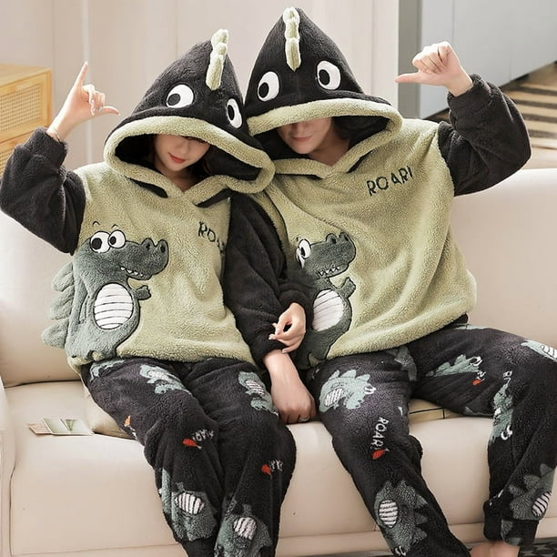 Pijamas de casal quente grosso flanela ropa de dormir de invierno manga larga amante conjuntos de pijama doce dos diseños animados
