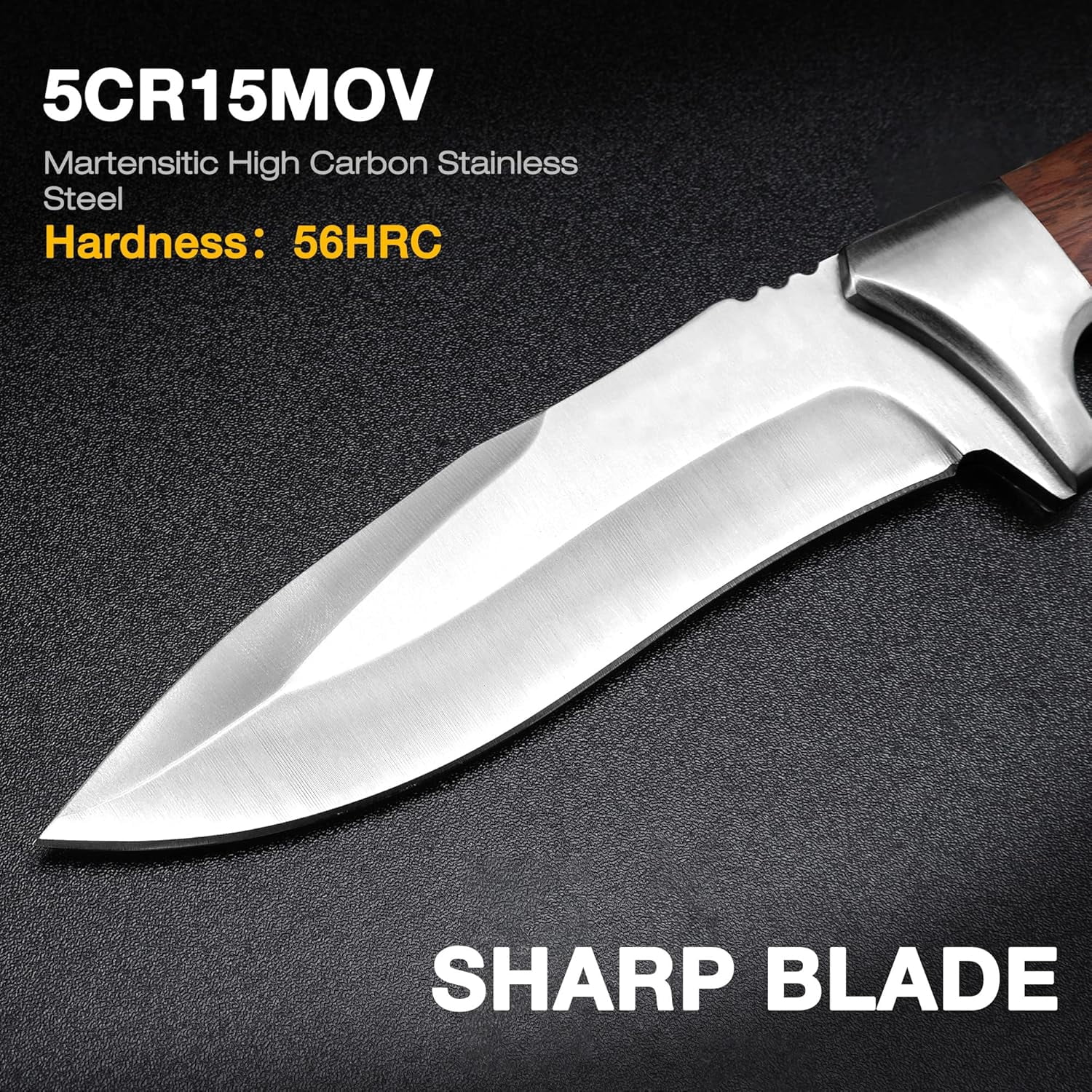 FLISSA Fixed Blade Knife with Sheath, 9.8'' Full Tang Hunting Knife with High Carbon Steel Blade, Non-Slip Rose Wooden Handle, Lanyard Hole, Camping Knives for Hiking, Hunting, Survival, Camping