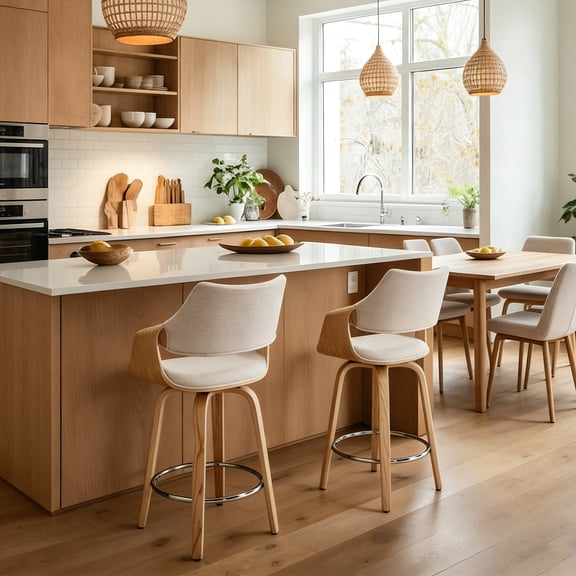 Guyou 26" Swivel Counter Stools Set of 2, Modern Barrel Chenille Kitchen Island Stools, Farmhouse Solid Wood Counter Height Barstools, Bar Height Island Chairs with Back and Wood Frame, Beige