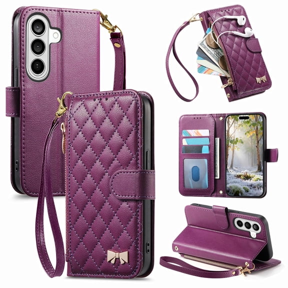 Decase Luxury Wallet Case for Samsung Galaxy S26,PU Leather Zipper Flip Card Slots Stand Cover,Magnetic Closure,Shockproof Inner PC TPU Shell with Wrist Strap,Purple