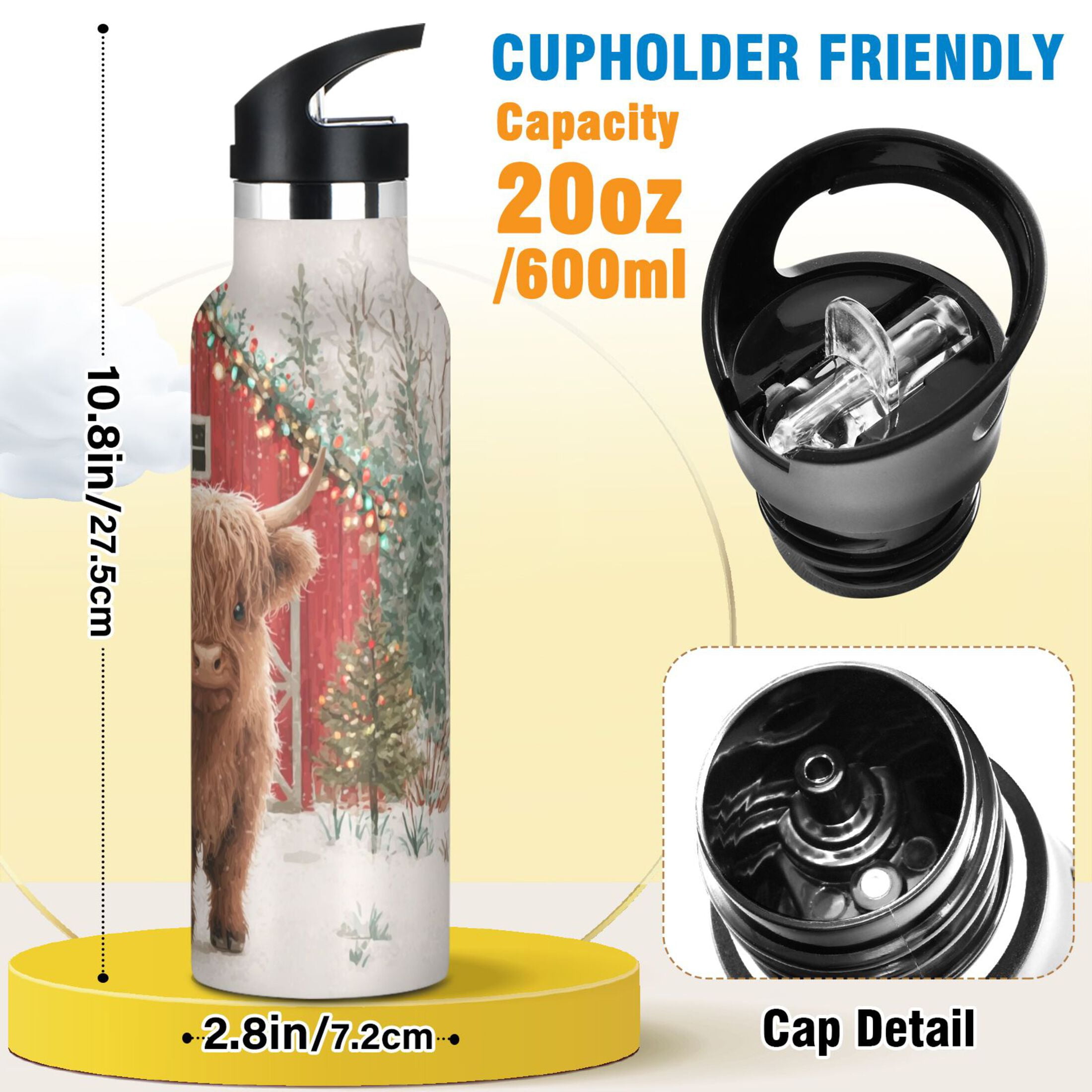 Kids Insulated Stainless Steel Sports Water Bottle 600ml (20oz) Cute Highland Cow Pattern
