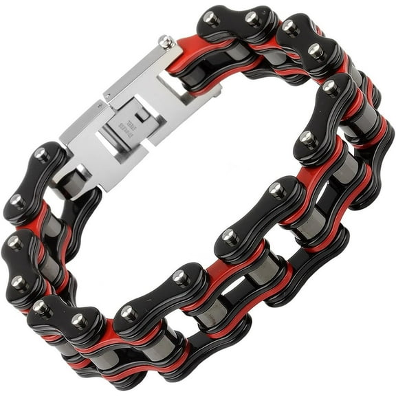 Silking Jewelry Heavy Metal Stainless Steel Men's Motorcycle Bike Chain Bracelet Black Red Bangle 19mm 8.85inch