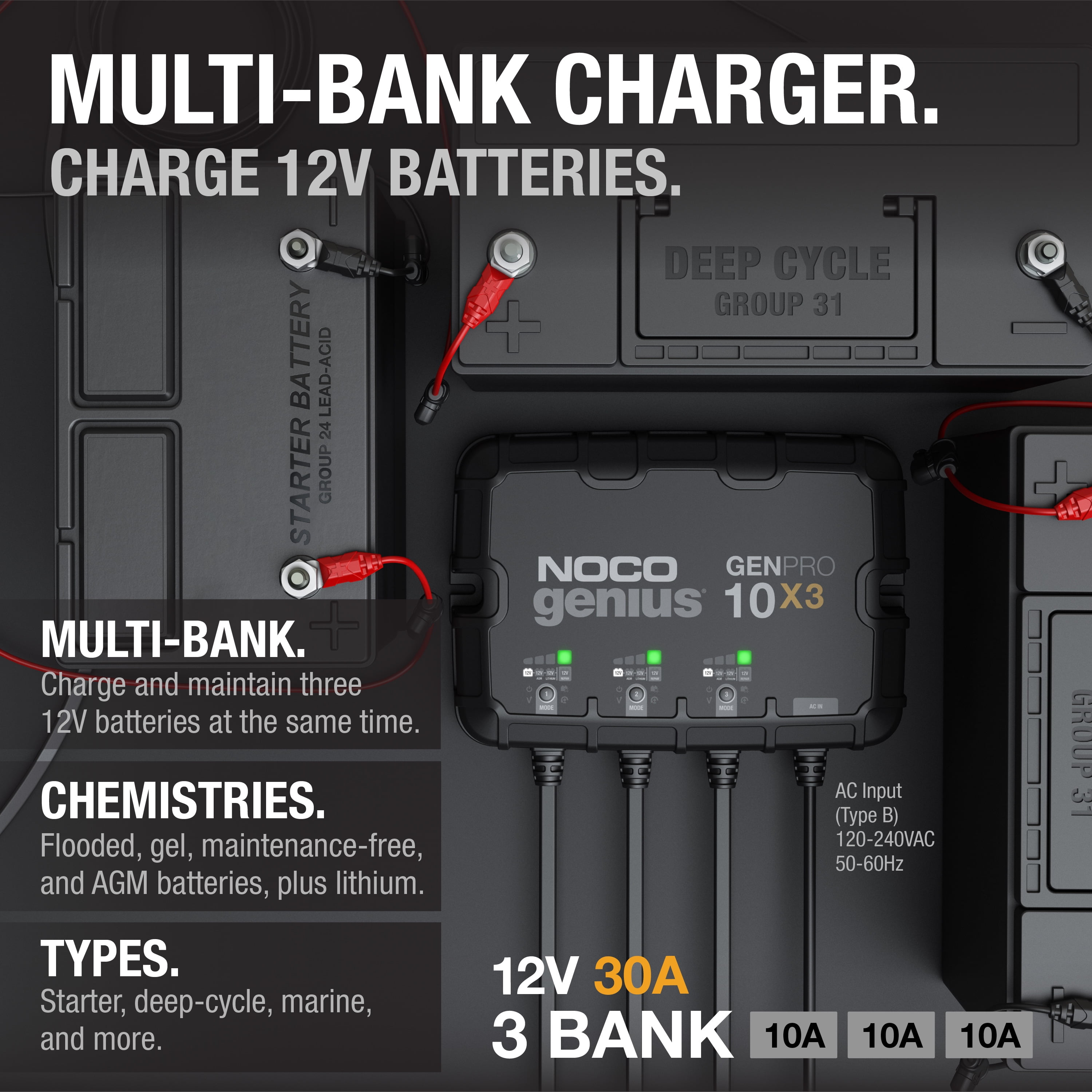 NOCO Genius PRO 3 Bank 30A On Board Charger - with Lithium battery