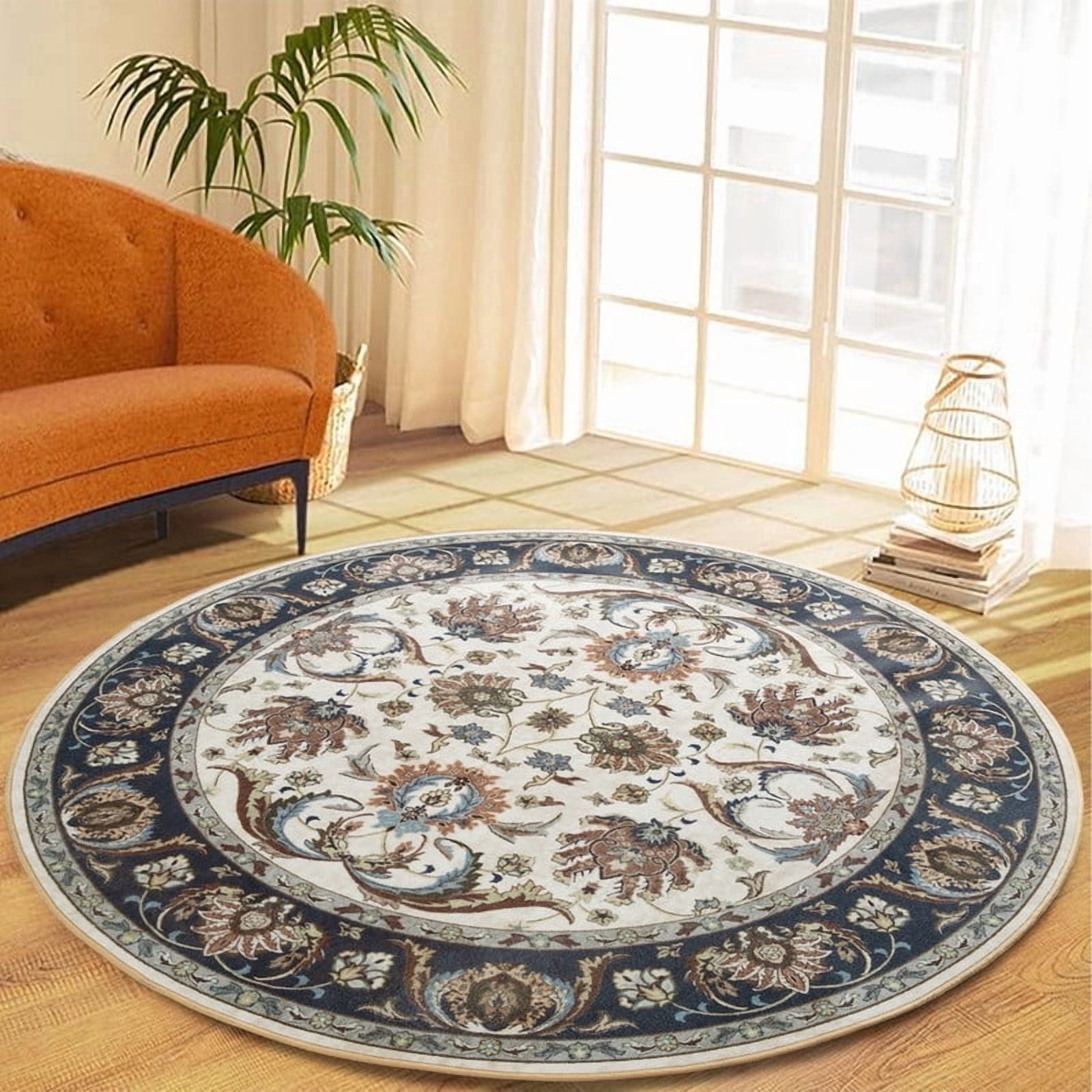 Jamfeel Round Rugs Vintage Print Low Pile Non-slip Circle Carpet Indoor Area Rug for Living Room Nursery, 6ft, Cyan