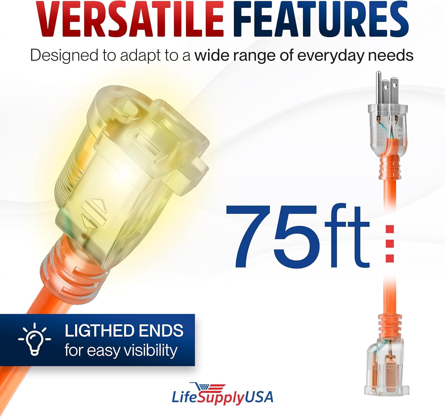 75ft Outdoor/Indoor Extension Cord 12/3 Gauge Extra Heavy Duty 3 Prong SJTW, Waterproof, ETL Listed, Flexible Cold-Resistant Long Power Cord,125 Amp 1875W, Orange by LifeSupplyUSA