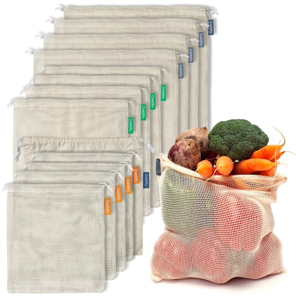Bolsas reutilizables para productos agrícolas Cottify Set 12+1 de malla de algodón orgánico